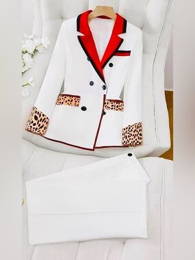 White Blazer Suit with Red Trim & Leopard Accents♥️🖤